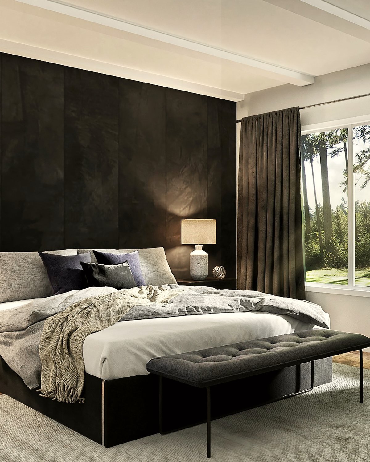 Moody bedroom with a dark panelled wall, linen bedding and warm bedside light