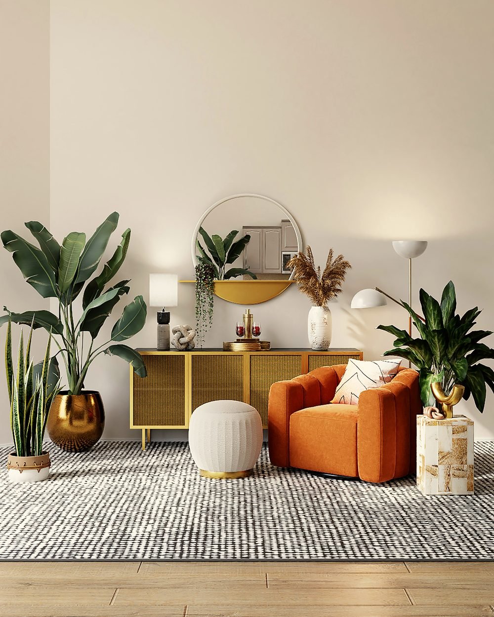 Terracotta lounge chair with an oak and cane console in a warm neutral room