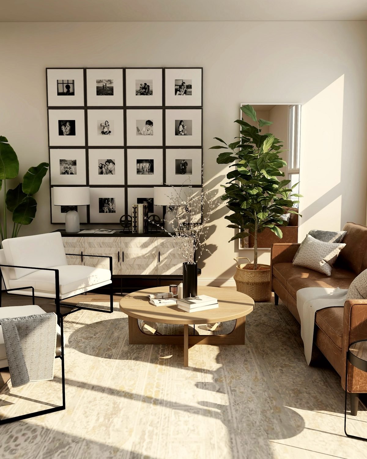 Warm living room with layered rugs, natural textures and considered furniture